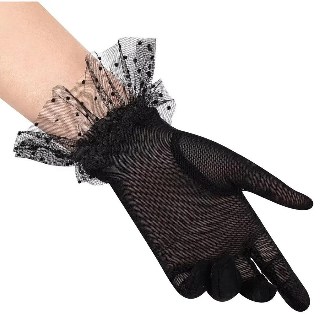 Women's Short Lace Black Tulle Sheer Mesh Tea Party Prom Gloves Banquet Costume